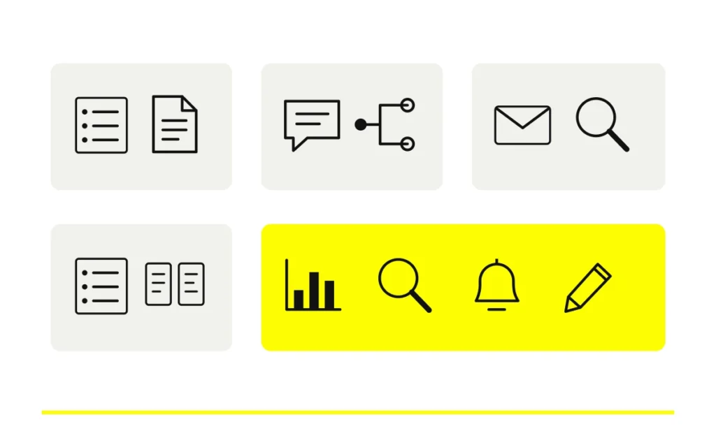 Doce iconos de tareas se distribuyen en cinco áreas: cuatro parejas y un grupo de cuatro.