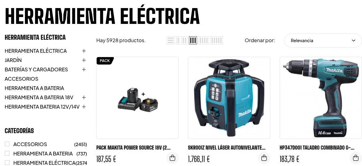 Listado de herramienta eléctrica en Goxa Industrial con categorías laterales y tarjetas de producto.