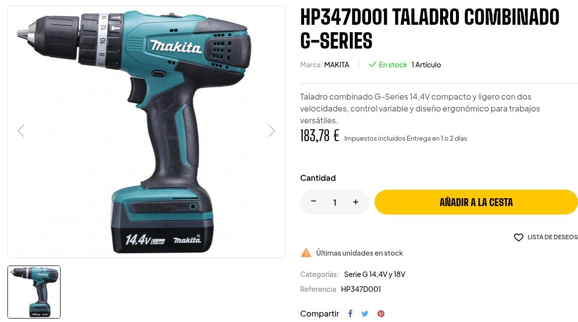 Ficha del taladro HP347D001 en Goxa Industrial, con imagen, descripción e información de compra.