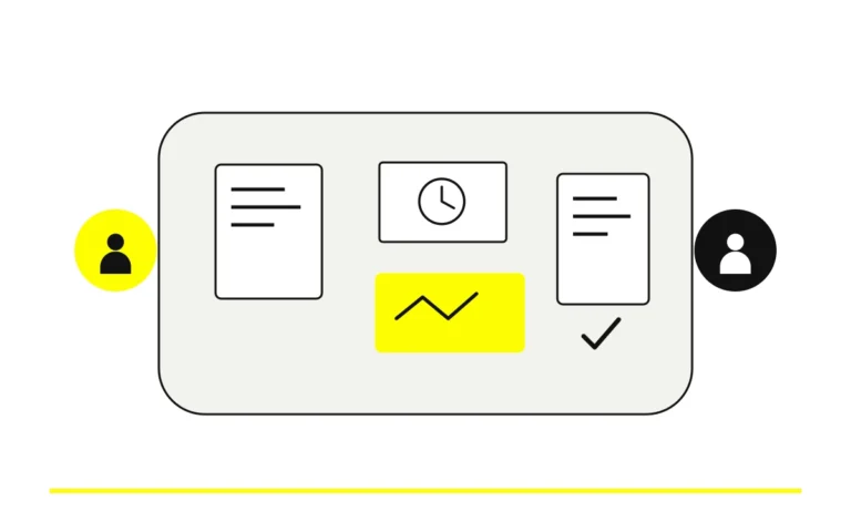 Dos personas trabajan alrededor de una mesa con documentos, un reloj y un pequeño esquema de proceso.