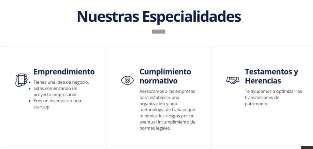 Sección Nuestras Especialidades de KC Abogados · PDG Asesores con emprendimiento, cumplimiento normativo y testamentos y herencias.