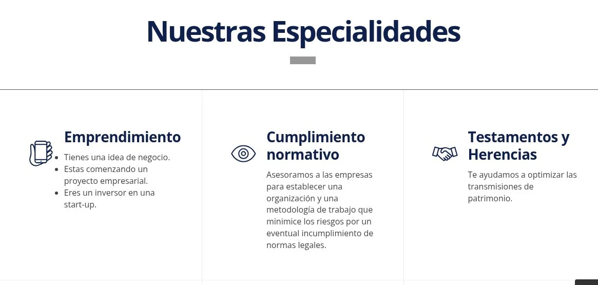 Sección Nuestras Especialidades de KC Abogados · PDG Asesores con emprendimiento, cumplimiento normativo y testamentos y herencias.