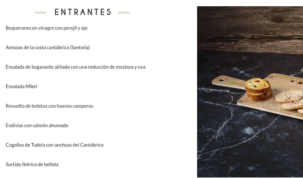 Carta de Restaurante Mikel con una lista de entrantes y una fotografía de comida.